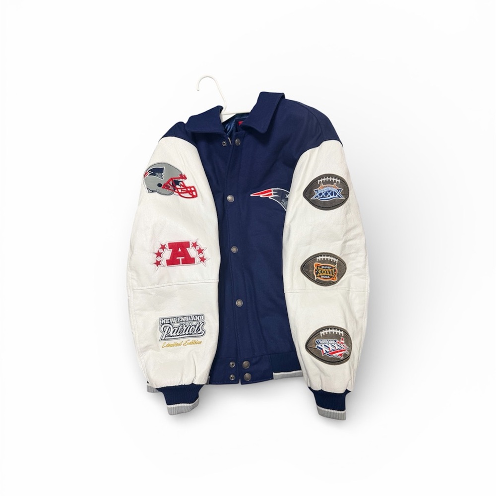 NFL Blue and White Varsity Jacket with Team Patches - Picture 3 of 5